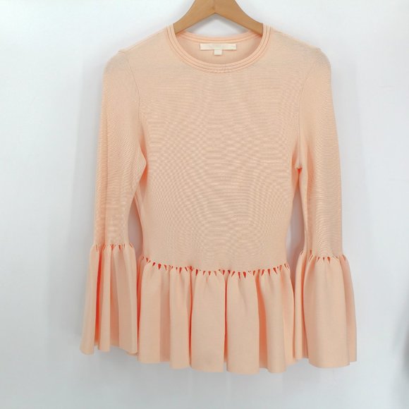 Jonathan Simkhai Stretch Knit Bell Sleeve Peplum Top Blush Cut Out  Jewel Neck - Picture 4 of 13